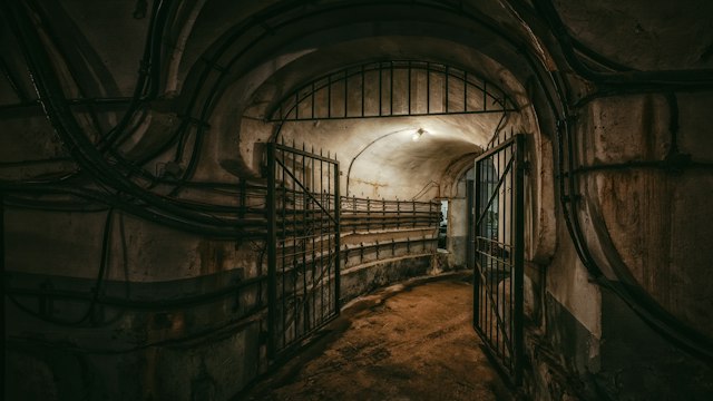 Dark vaulted industrial interior with pipes and steel gates
