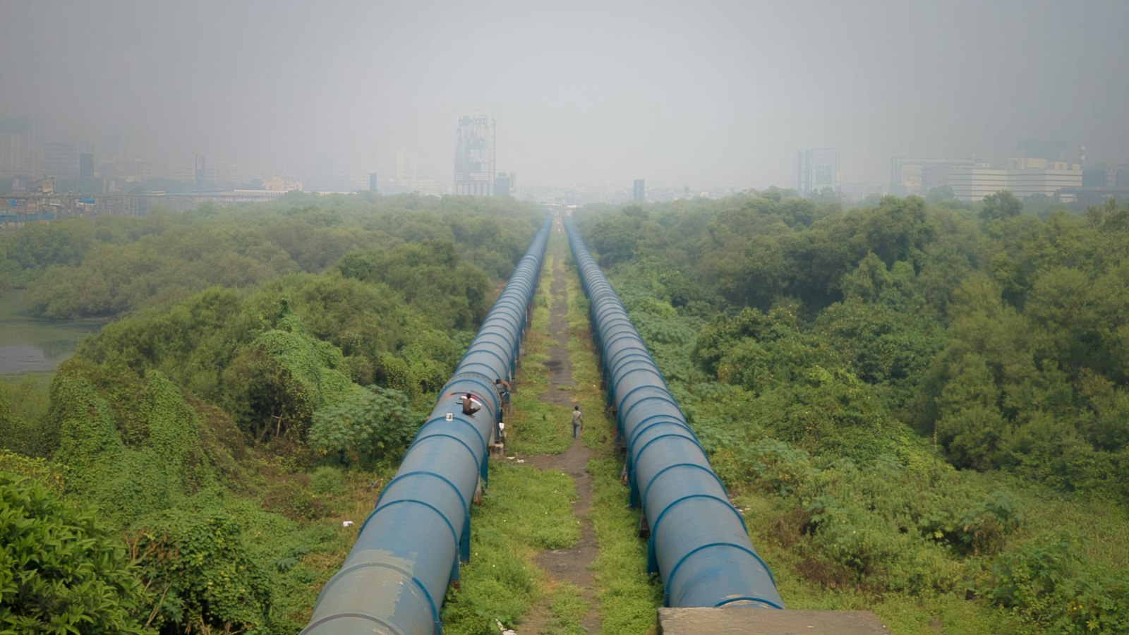 Pipeline running through open terrain toward the horizon
